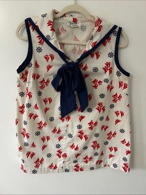 Vintage Jeanette Maternity Top Nautical Sailor Tie-Front Novelty Print Blouse